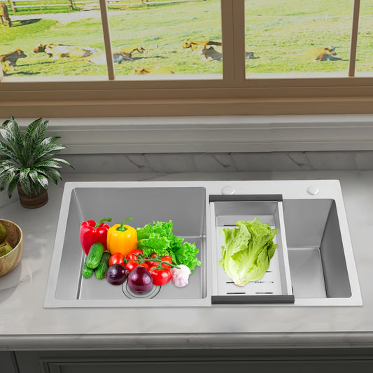TOOL1SHOOO Silver Double Basin Stainless Steel Kitchen Sink 37.39 X 38.0 cm & 32.99 X 32.99 cm Stainless Steel X-Type Drain Line Drain Filter Overflow Outlet Anti-Condensation Coating Under-Counter Installation Components