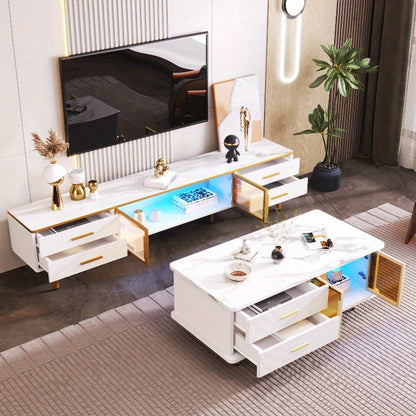 TV Meubel – Lowboard – Entertainmentkast – Sideboard – Dressoir – 4 Lades – Bruin Gehard Glas – 170 cm Hoogte – Marmerlook & Gouden Handvaten