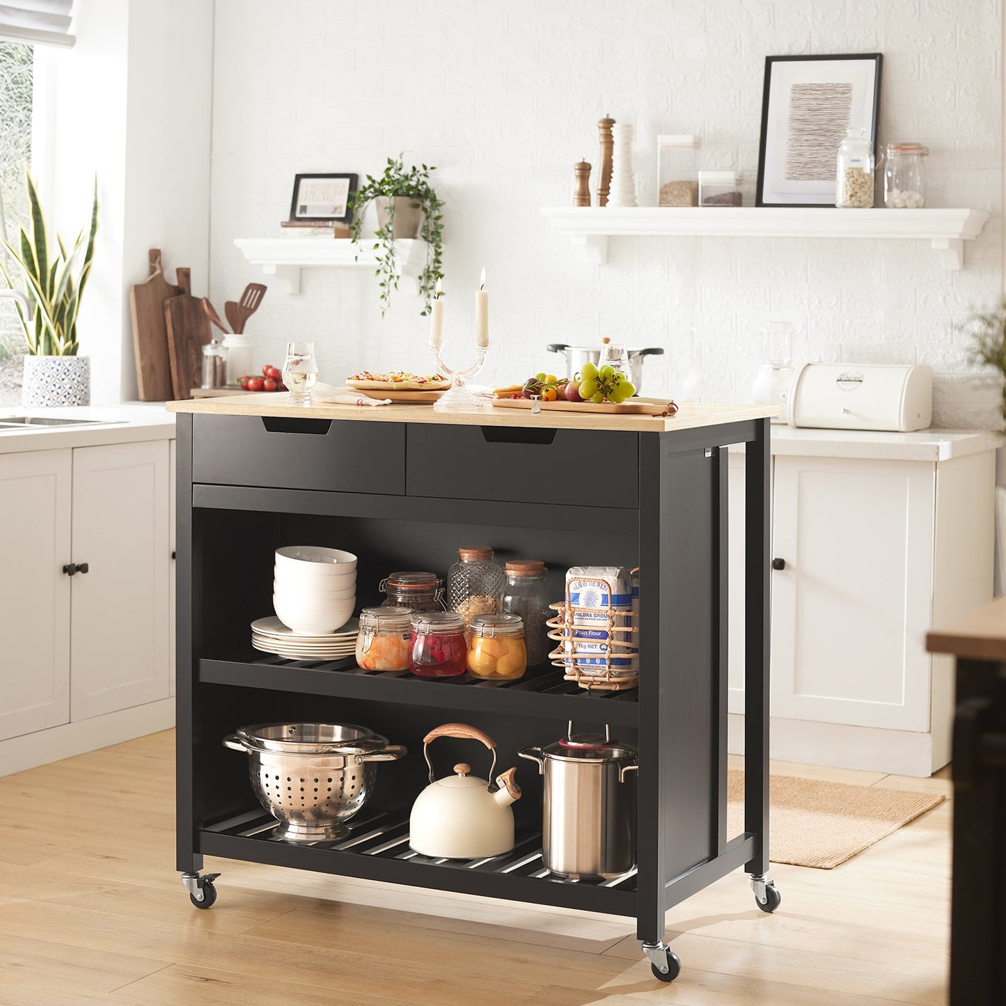 Keukentrolley – Keukenwagen – Serveerwagen – Keukenrek – Roltafel – MDF Materiaal – Groot Werkblad 98x58 cm