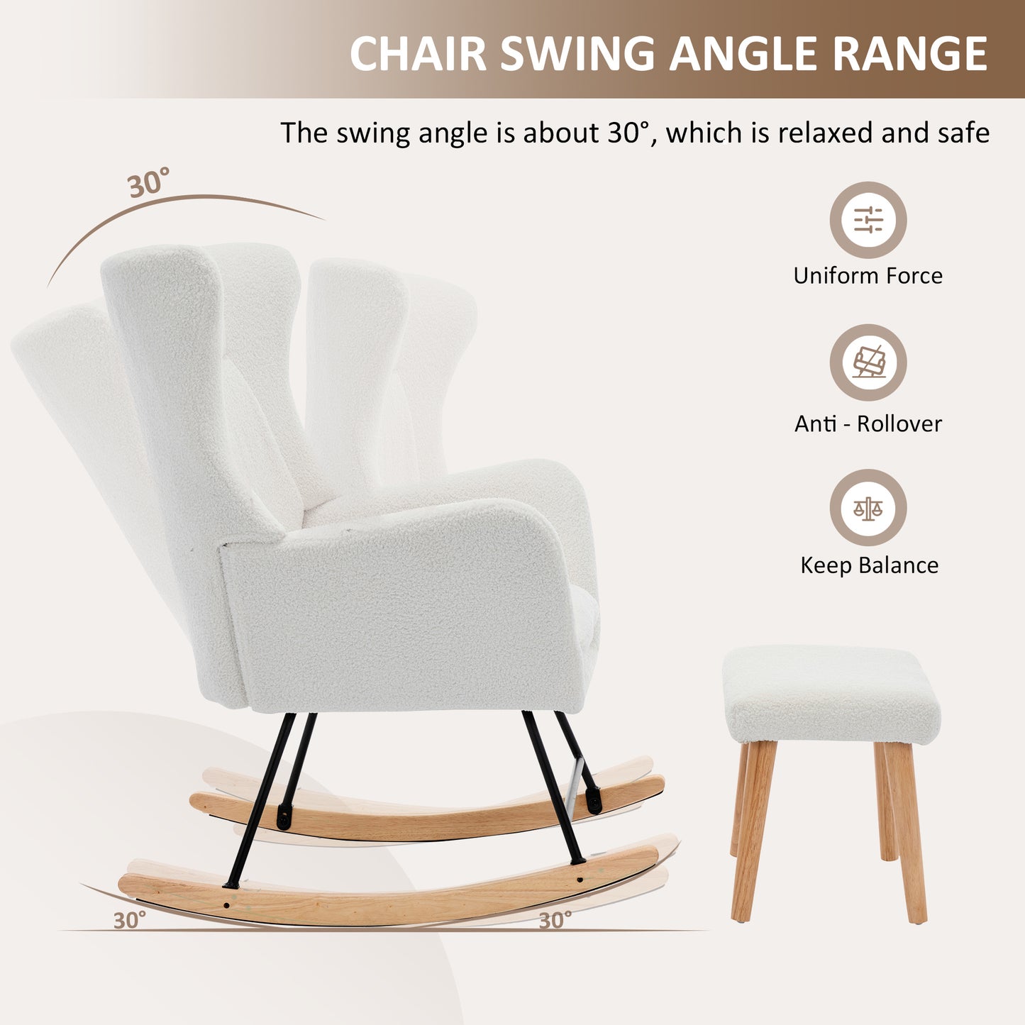Schommelstoel – Schommelstoel Met Voetenbank – Relaxstoel – Fauteuil – Lounge Stoel – Ergonomisch Ontwerp – Zachte Teddy Bekleding – Wit – 30° Schommelbeweging – Afneembaar Kussen