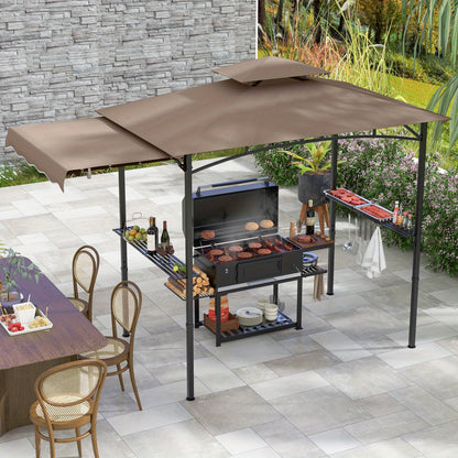 PETSITE 10, 152.4x152.4cm Heavy-Duty BBQ Gazebo with Side Awning - Outdoor Grill Canopy, Double-Tiered Top, 2 Side Shelves & Hanging Hooks, Built-in Bottle Opener, Sturdy Metal Frame, Brown - for Backyard, Patio, Camping, Tai