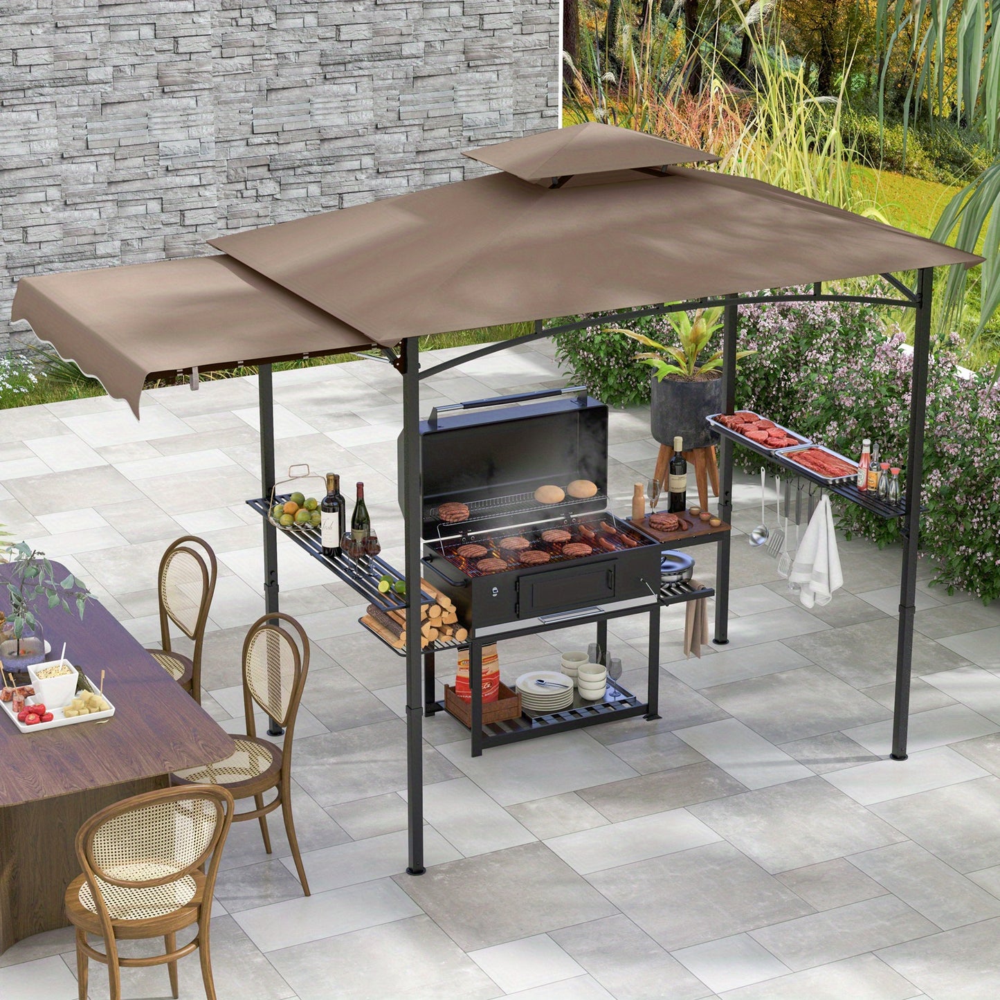 BBQ Gazebo – Grill Shelter – Tuinkoepel – Partytent – Luifel – 152x152 cm – Met Zijluifel & Ingebouwde Flesopener – Stevig Metaalframe Bruin