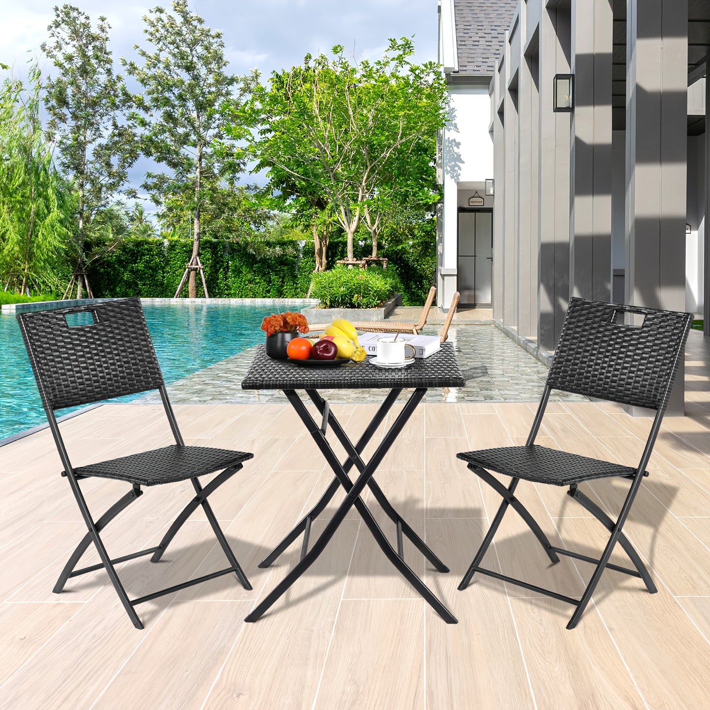 3-delige Tuinset – Balkonmeubel Set – Rattan Meubels – Vouwbare Tafel En Stoelen – Lichtgewicht En Opklapbaar – Perfect Voor Buiten, Tuin En Terras