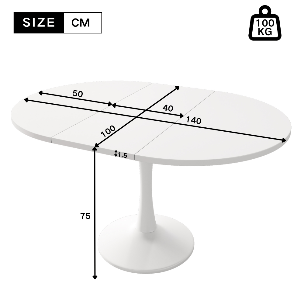 Modern Minimalist Extendable Oval/Rectangular Dining Table - White Convertible Table Suitable for Small Spaces, Easy Assembly, Durable Metal Frame, Expandable Length (100/140cm)