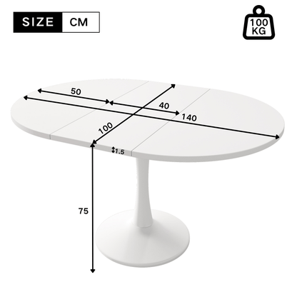 Modern Minimalist Extendable Oval/Rectangular Dining Table - White Convertible Table Suitable for Small Spaces, Easy Assembly, Durable Metal Frame, Expandable Length (100/140cm)