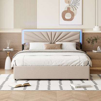 Gestoffeerd Bed – Tweepersoonsbed – Slaapbank – Led Bed – Opbergbed – 160x200 cm – Ingebouwde LED-verlichting – 4 Grote Lades – Beige