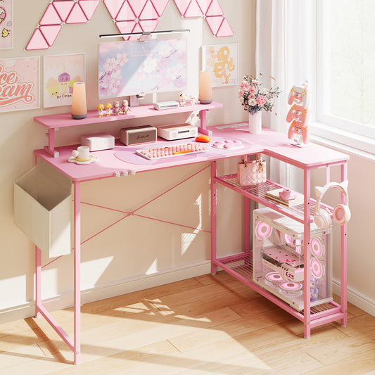 L-vormig Gaming Bureau – Hoekbureau – Gamers Bureau – Computerbureau – Werkplek Bureau – Met Ingebouwde Monitorplank – Stevig Metalen Frame – Roze Variant – Met Zijkast Opbergruimte – 109 cm Breed