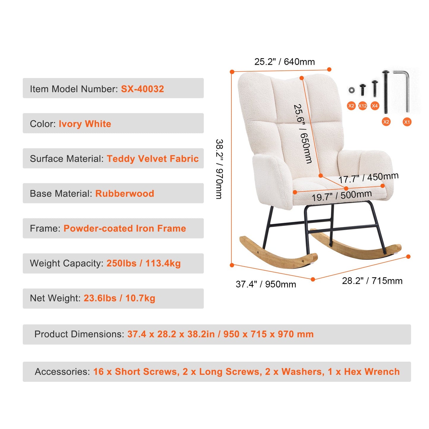 Schommelstoel – Schommelstoel Voor Babykamer – Wiegstoel – Relaxstoel – Nursing Chair – Zacht Teddy-Stof – Stevig Rubberhout Frame – Ivoor Wit