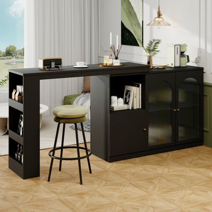 Ontbijtbar – Keukenbar – Barschrank – Werkblad – Rotatiebar Zwart – 360° Draaibaar Zijpaneel – MDF Met Glasfront 120x40x97 cm