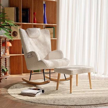 Fauteuil – Schommelstoel – Relaxstoel – Zithoekstoel – Lounge Fauteuil – Met Voetenbank – Memory Foam Zitting – Massief Houten Frame – Wit
