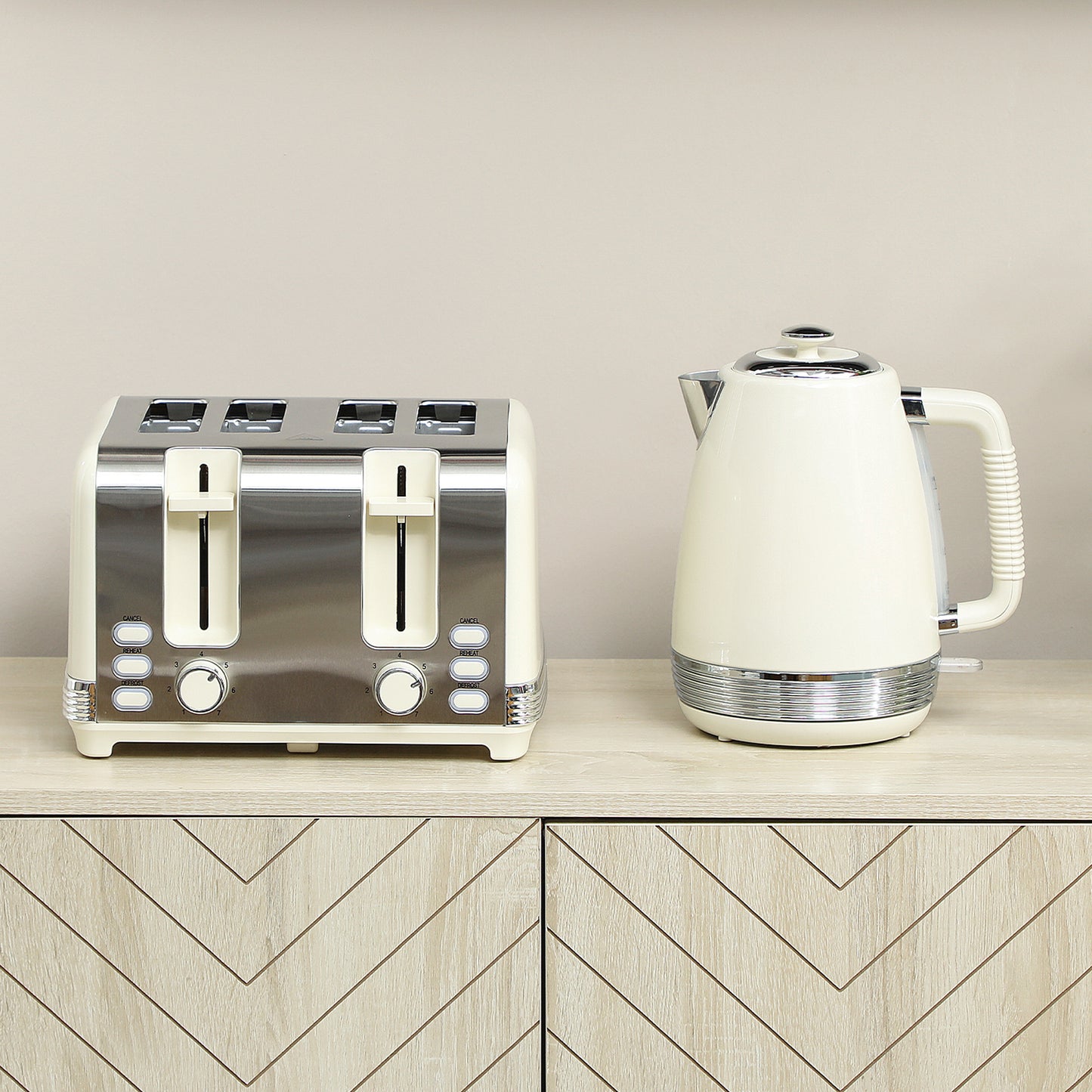 Waterkoker en Broodrooster Set – Waterkoker, Toaster, Ontbijtset, Broodrooster 4 Sleuven – Cream Variant – 1,7 Liter Capaciteit – 7 Bruiningniveaus en Kalkfilter