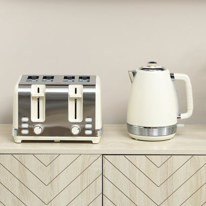 Waterkoker en Broodrooster Set – Waterkoker, Toaster, Ontbijtset, Broodrooster 4 Sleuven – Cream Variant – 1,7 Liter Capaciteit – 7 Bruiningniveaus en Kalkfilter
