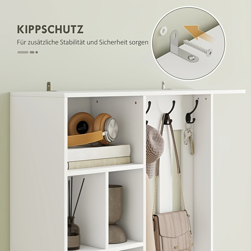 180cm Tall Entrance Hall Wardrobe Set | With Clothes Rack, Upholstered Shoe Bench, 4 Hooks, 4 Open Shelves, Shoe Rack, Chest Of Drawers, Hallway Furniture, Bench With Storage Space, White, European Style