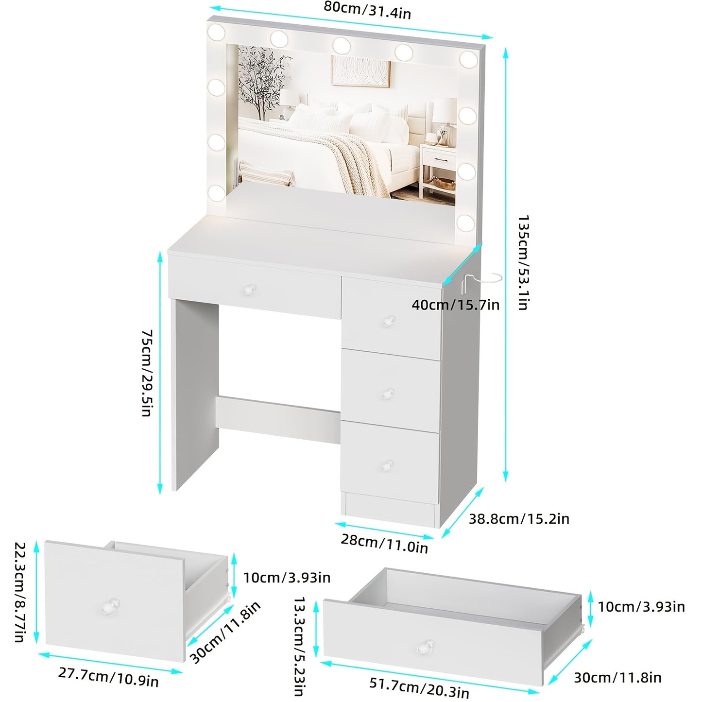 Kaptafel – Make-up Tafel – Schminktafel – Dressing Table – Vanity Desk – Met Spiegel en Haardrogerhouder – Massief Hout en Kunstpanelen – 4 Lades – 68,5 cm Hoogte – Ruime Opbergruimte 3,2 ft³