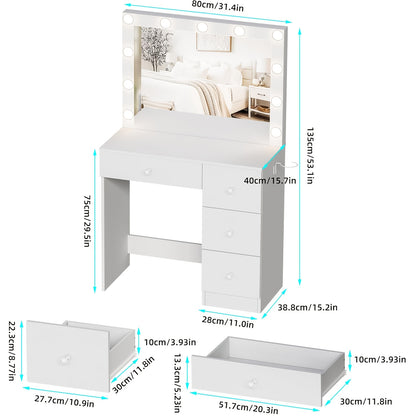 Kaptafel – Make-up Tafel – Schminktafel – Dressing Table – Vanity Desk – Met Spiegel en Haardrogerhouder – Massief Hout en Kunstpanelen – 4 Lades – 68,5 cm Hoogte – Ruime Opbergruimte 3,2 ft³