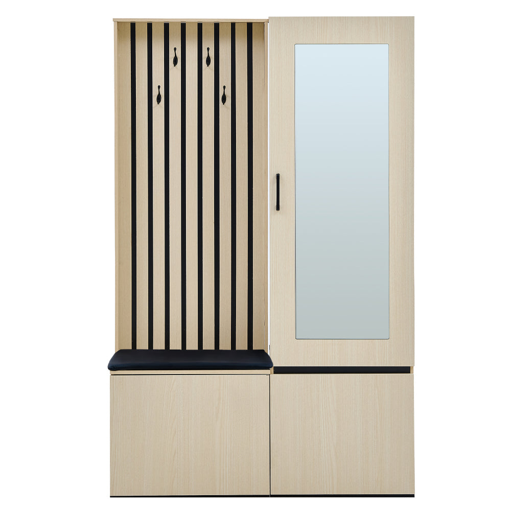 Halmeubel – Kapstok – Schoenenkast – Garderobe – Opbergmeubel – Met Spiegel en Bankje – Uittrekbare Kledingrail en 4 Haken – Ruimtebesparend Design voor Kleine Hal