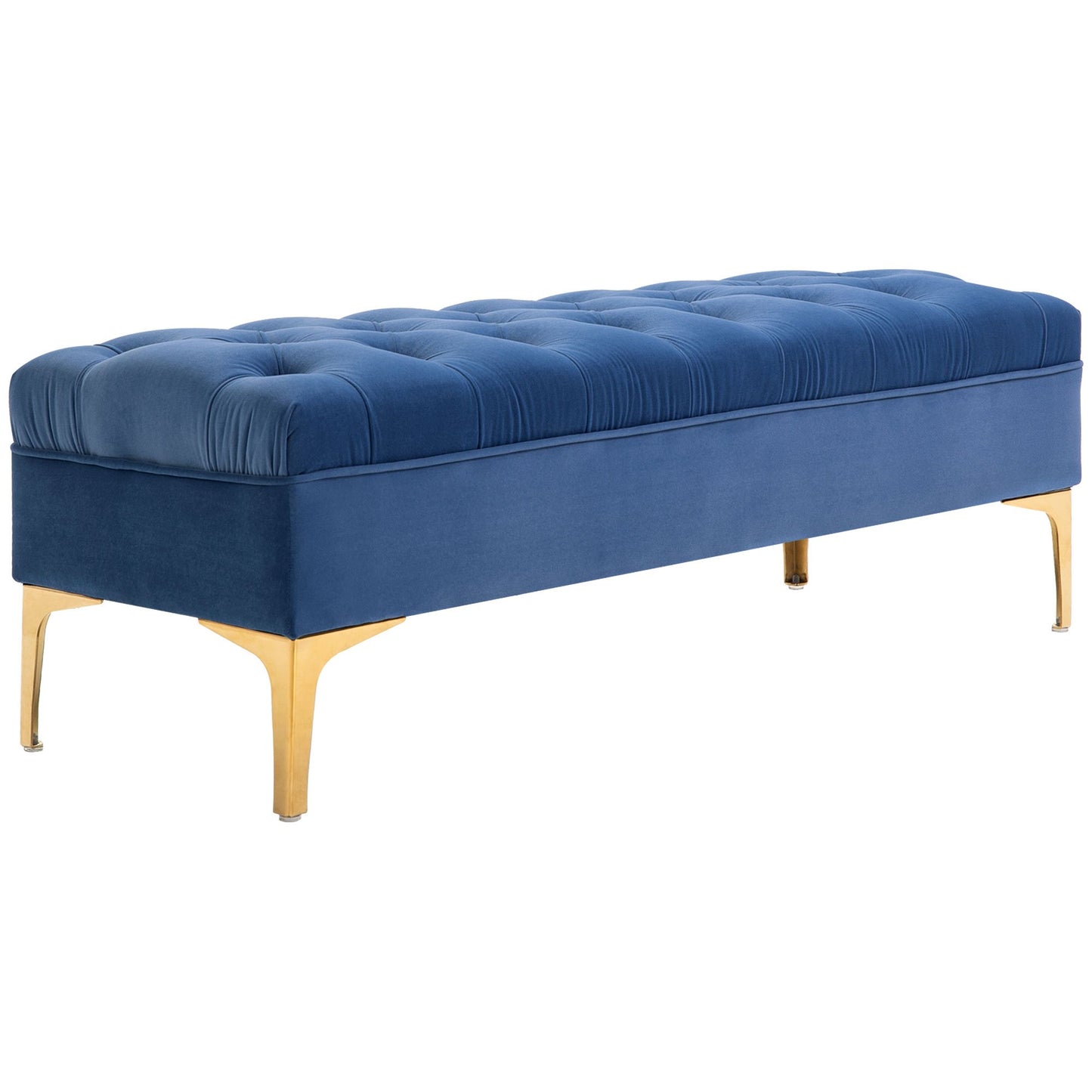 Opgevulde Opbergbank – Slaapkamerbank – Poef – Bedbank – Zitbank – Blauw Fluwelen Bekleding – Gouden Metalen Poten – Compact 118x45x42 cm – Hoog Comfort