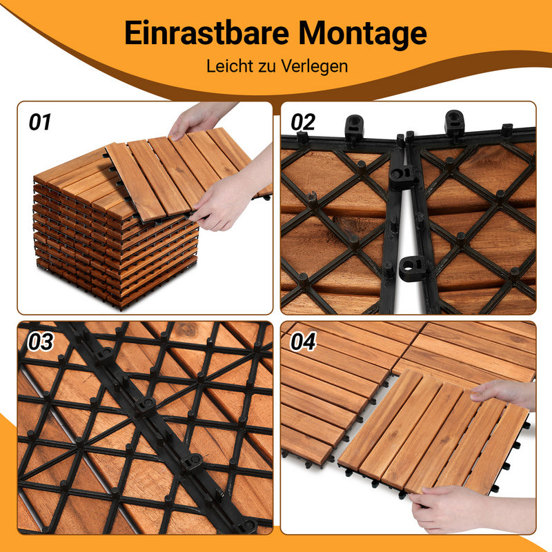 Terrace Tiles Decking Tiles 30 x 30 cm Tiles Balcony Tiles, Brown for Balcony, Garden, Saunas, Swimming Pools Wooden Floor with 6 Slats/12 Slats, Set of 11/22/33 Tiles for 1 m²/2 m²/3 m²