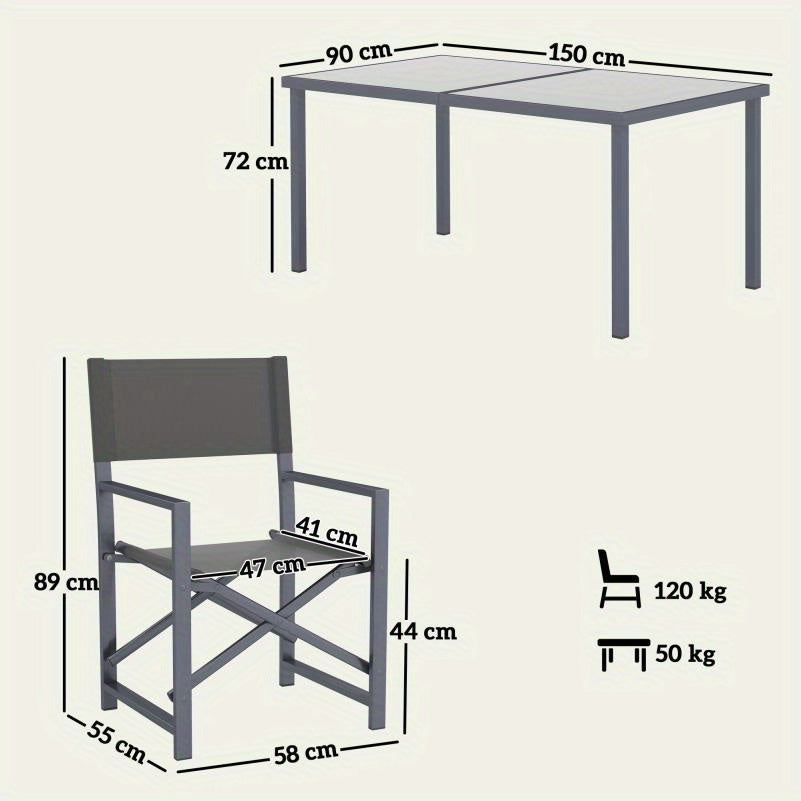Eettafelset – Eethoek – Keukentafelset – Balkonset – Zitgroep – 5-delig – Inklapbare Stoelen – Gehard Glas Tafelblad – Stalen Frame – Modern Grijs