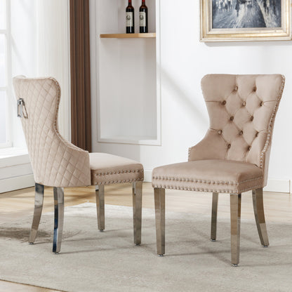 Dining room chair Kitchen chair Living room chair with unique door knocker on the back 2pcs Upholstered chair with nail head trim Support legs made of metal Cover made of beige velvet, Kitchen Seating, Vintage Style Chair, Cl