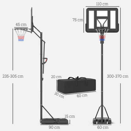 Basketbalstandaard – Basketbalring – Basketbaldoel – Basketbalpaal – Basketbalnet – Verstelbare Hoogte 235-305 CM – Vulbare Voet Met Wielen Zwart