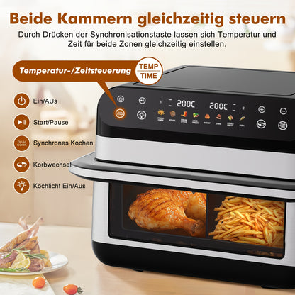 Authmic 10L Hot Air Fryer with Dual Zone/Single Chamber - 9-in-1 Multifunction Touchscreen Smart Fryer with Oil-Free, 2400W Rapid Cooking Function, Non-Stick Coated Basket & Viewing Window, 8 Preset Programs, for Family Cooki