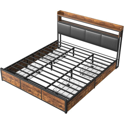 Queen Size Bed – Tweepersoonsbed – Led Bed – Kunstleer Bed – Opbergladens Bed – 180x200 Cm – Verstelbare Hoofdbord – Ingebouwde USB & LED-Verlichting
