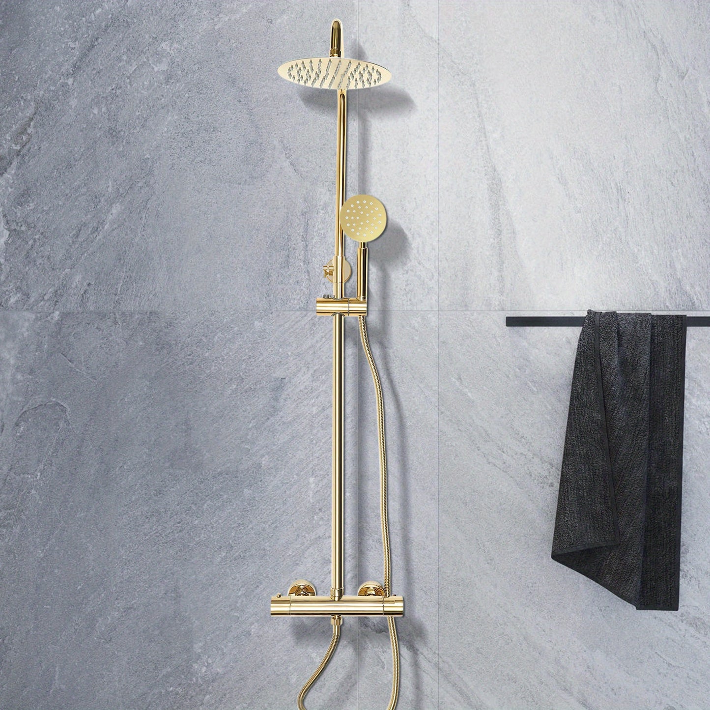 Doucheset – Regendouche – Thermostaatkraan – Handdouche – Glijstang – Gouden Afwerking – 20 cm Hoofddouche – 304 Roestvrij Staal