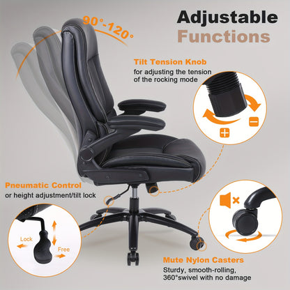 Bureaustoel – Kantoorstoel – Computestoel – Werkstoel – Bureaustoel Hoog – Ergonomisch PU-leer – Verstelbare Flip-up Armleuningen – 227 KG Belastbaar – Zwart