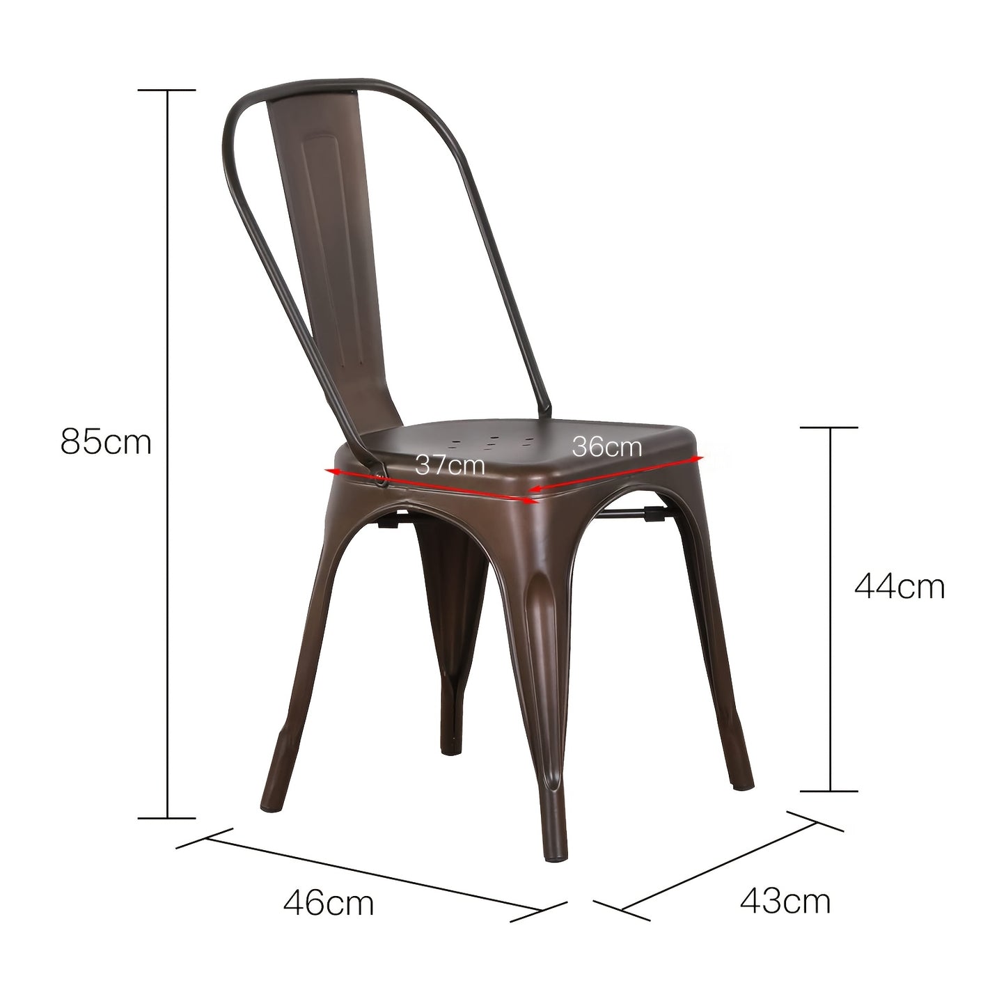 Set van 4 Industriële Metalen Eetkamerstoelen – Roestkleurige Stoelen met Klassiek Ontwerp – Duurzaam, Onderhoudsvriendelijk en Perfect voor Keuken, Restaurant of Evenement (43 x 46 x 85 cm)