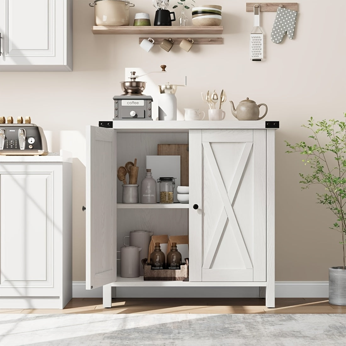 Farmhouse Sidetable – Dressoir – Buffetkast – Opbergkast – Haltafel – Compact Ontwerp – Stevig MDF Metalen Poten – Wit Met Bruin