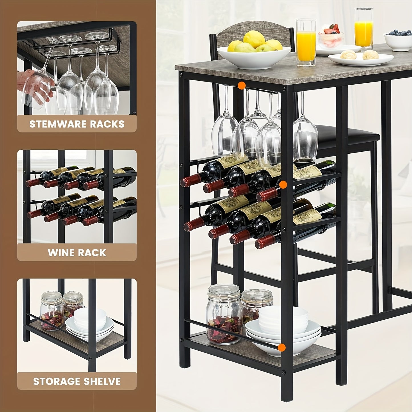 Bartafel – Statafel – Barset – Eettafel – Hoge Tafel – Retro Bruin – Met Wijnrek & Opbergrek – MDF Houten Blad Met Metalen Frame