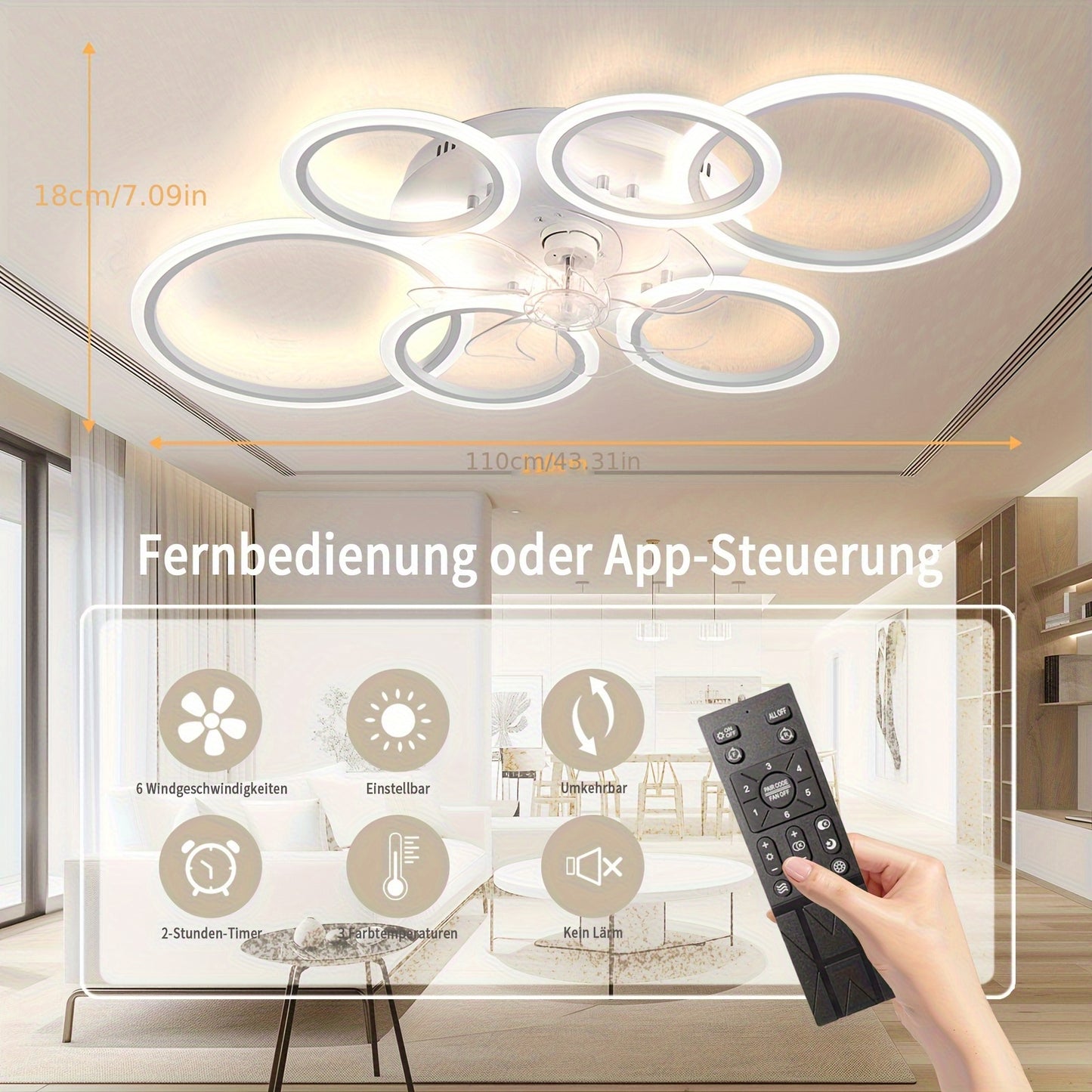 Plafondventilator – Ventilator Met Verlichting – Plafondlamp Ventilator – Plafonniere – Dimbare LED Lamp – 109,98 cm – Stil Met 6 Snelheden & 3 Kleurtemperaturen – Vlakke Montage – Wit