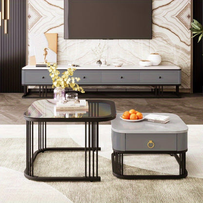 Salontafel – Koffietafel – Bijzettafel – Tafeltje – Side Table – Zwarte uitvoering – Set van 2 Stapelbare Tafels – Hoogglans Marmer Look – Lades en Glazen Blad