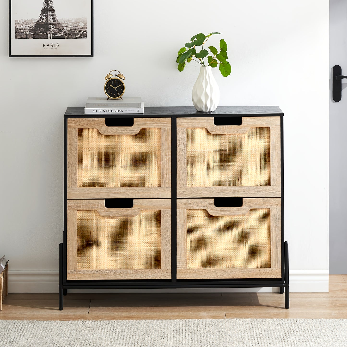 Natural Rattan Shoe Cabinet Organizer with Flip Doors - Freestanding Entryway Storage Cabinet, Large Capacity Shoe Rack with 3-Tier Adjustable Shelves, Space-Saving Modern Hallway Organizer for Living Room, Bedroom, Office -