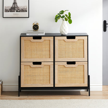Natural Rattan Shoe Cabinet Organizer with Flip Doors - Freestanding Entryway Storage Cabinet, Large Capacity Shoe Rack with 3-Tier Adjustable Shelves, Space-Saving Modern Hallway Organizer for Living Room, Bedroom, Office -