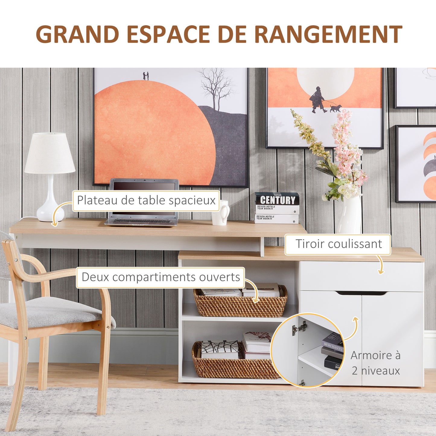 Hoekbureau – Computerbureau – Bureau – Werkplek – Bureautafel – Modulair Design – Met Lade en Kast – Wit Houtnerf – Eenvoudige Montage