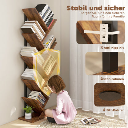 Boekenplank Vloerstaand – Boekrek – Opberger – Boekenhouder – Vakkenkast – Rustiek Bruin – Boomvorm Met 9 Niveaus – Ruimtebesparend Smal Design