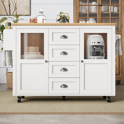 White Mobile Kitchen Island Cart with 4 Drawers, 2 Doors & Adjustable Shelves - Heavy-Duty Metal Frame on Locking Casters, Pull-Out Trolley, Spice Rack & Towel Rail - Compact Rolling Cabinet for Small Spaces, Easy Assembly (N