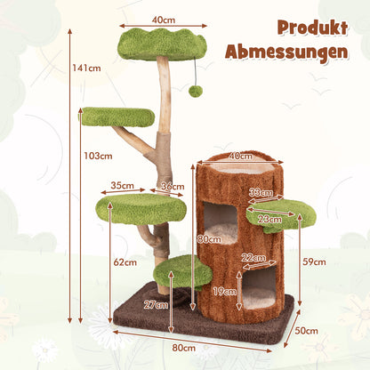 Kattenkrabpaal – Krabboom – Kattentoren – Krabmeubel – Kattenhuis – Tweelaagse Kattengrot – Stevig Houten Frame – Sisal Krabpaal Met Speelbal – Bruin Groen 80x50x141 cm