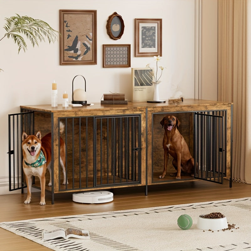 Hondenbench – Hondenkooi – Hondenhuis – Bench Voor Grote Honden – Hondenhok – Houten Bench Met Scheidingswand – 2 Zijdeuren – 200x70x85 cm – Stevig Hout En Metaal