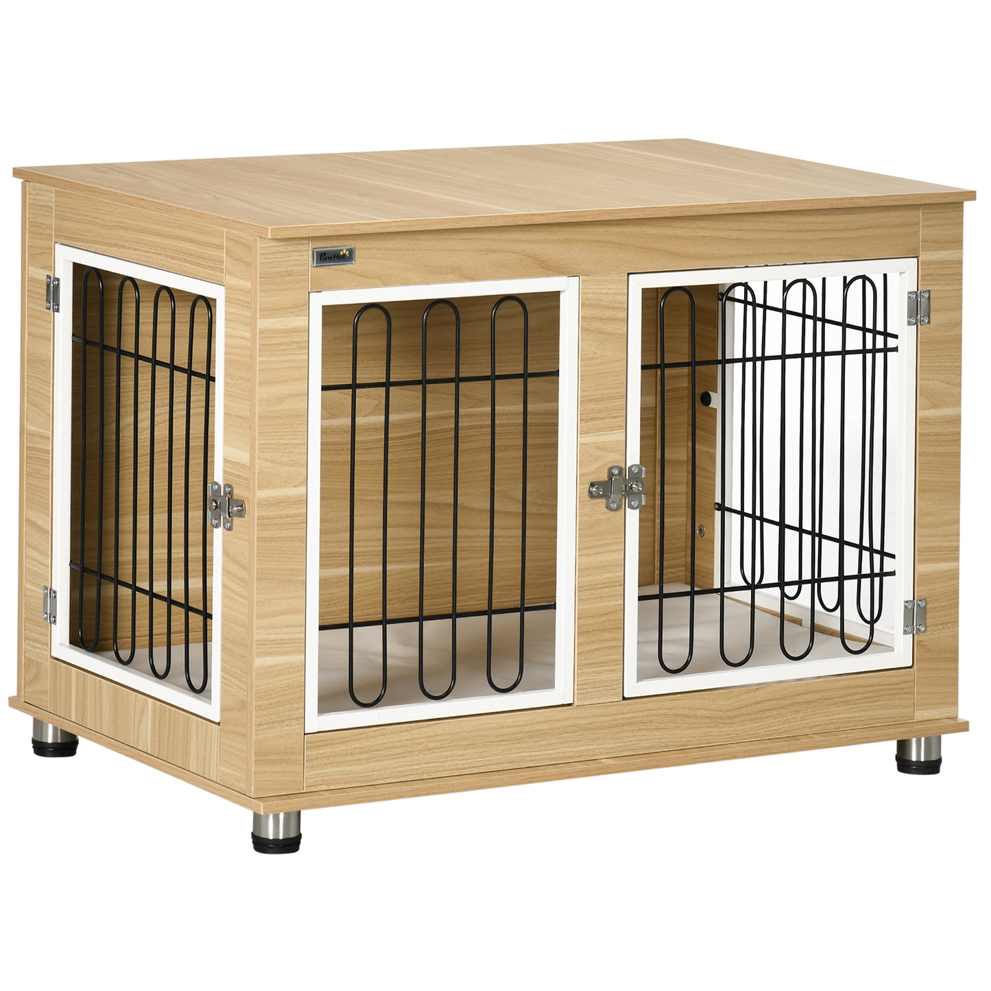 Hondenbench – Hondenkooi – Hondenkist – Reismand – Bench Voor Medium Honden – Wasbaar Kussen – 2 Deuren Met Slot – 90x58x65 cm – Natuurlijk Houtdesign