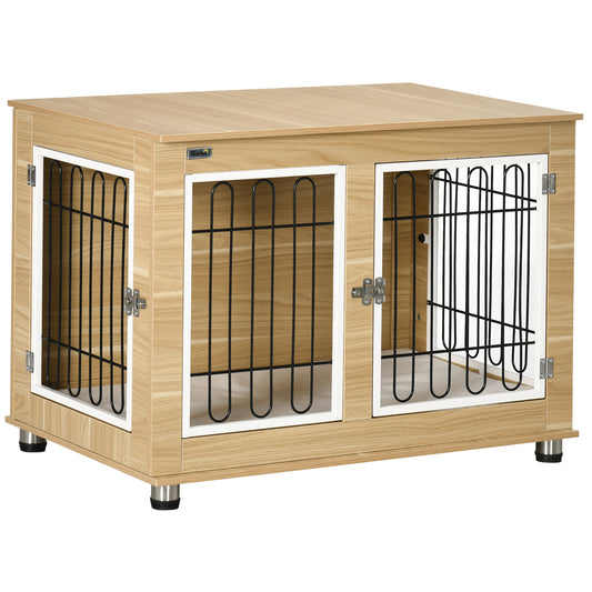 Hondenbench – Hondenkooi – Hondenkist – Reismand – Bench Voor Medium Honden – Wasbaar Kussen – 2 Deuren Met Slot – 90x58x65 cm – Natuurlijk Houtdesign