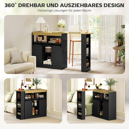 Uitklapbare Eettafel – Uitschuifbare Bartafel – Klaptafel – Multifunctionele Tafel – Opbergtafel – Verstelbare Planken – Zwart MDF & Spaanplaat