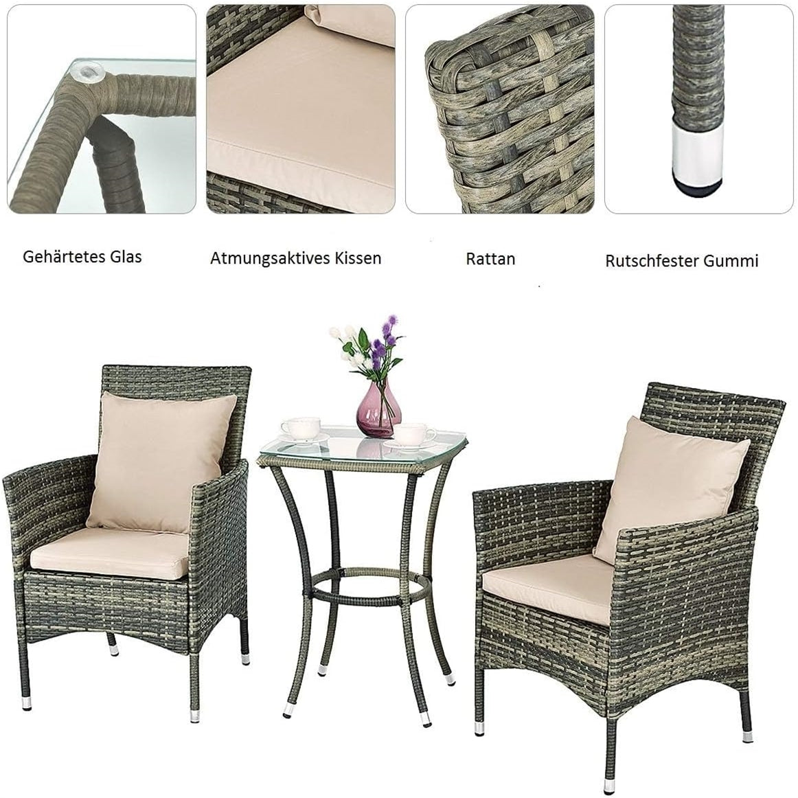 Tuinmeubelset – Tuinset – Loungeset – Balkonset – Zitgroep – Poly Rattan – Inclusief Kussens – Glasplaat Tafel – Grijs – Compact Design