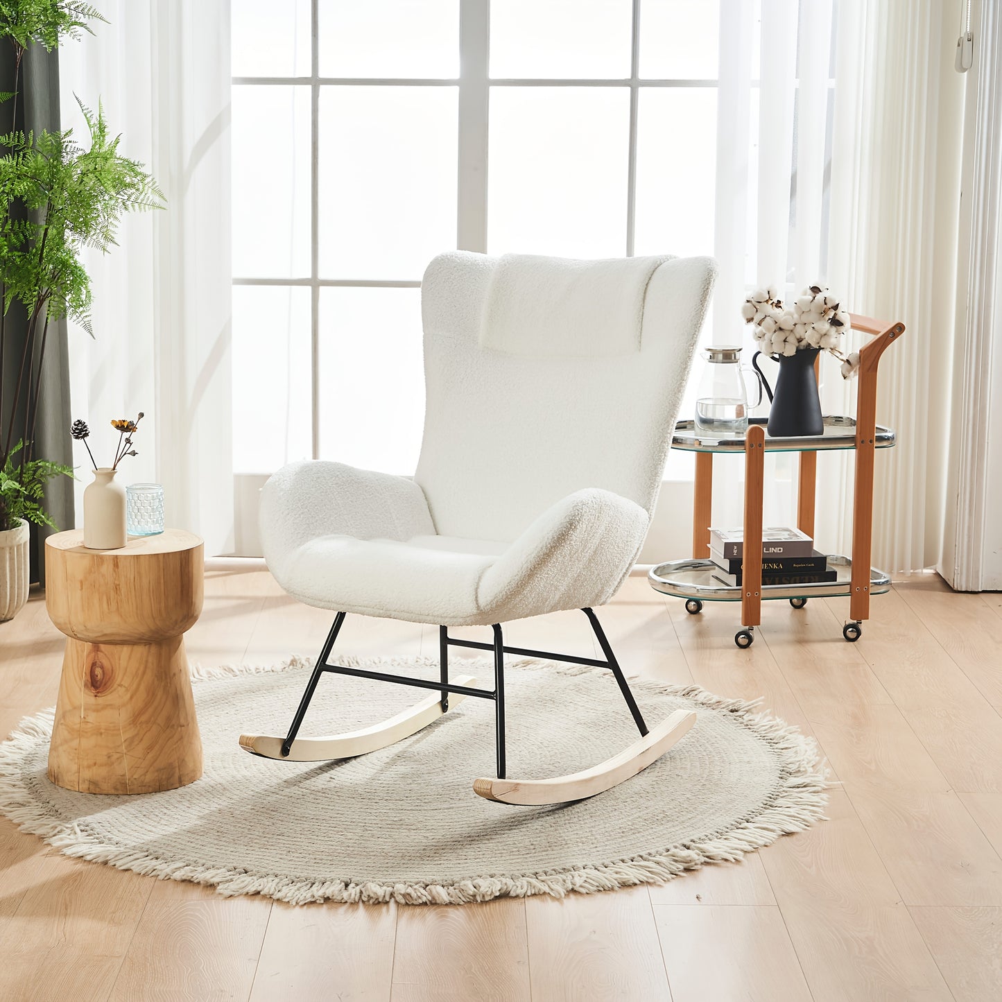 Schommelstoel – Schommelzetel – Relaxstoel – Lounge Stoel – Witte Teddy Velvet – Ergonomische Rugleuning – Stevige Kunsthouten Basis