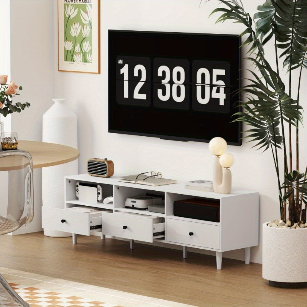 TV-Stand – Tv-Kast – TV-Meubel – Media Meubel – Woonkamerkast – Wit – Met Lades En Open Vakken – 140 cm Lang – Compacte Afmetingen 140x34x45 cm