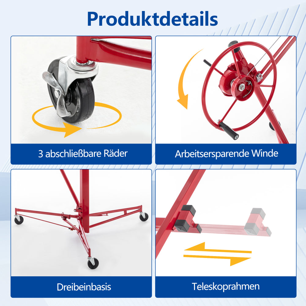 Gipsplaatheftruck – Gypsum Board Lifter – Plaat Tilwagen – Platen Klem – Gipsplaat Tilapparaat – Verstelbare Werkhoogte 140-350 cm – Kantelbaar Tot 60 Graden