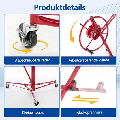 Gipsplaatheftruck – Gypsum Board Lifter – Plaat Tilwagen – Platen Klem – Gipsplaat Tilapparaat – Verstelbare Werkhoogte 140-350 cm – Kantelbaar Tot 60 Graden