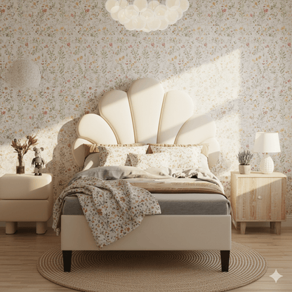 Gestoffeerd Bed – Slaapbed – Bedframe – Houten Bed – 90x200 cm – Fluwelen Bloemvormige Hoofdbord – Comfortabel en Warm – Beige